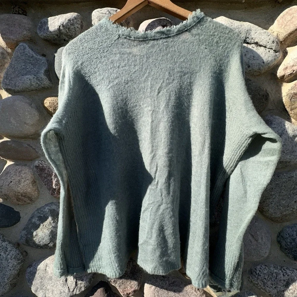 Lucky Brand Loose Knit Pullover Sweater Size XL Mint Green Raw‎ Edges Boho Chic
